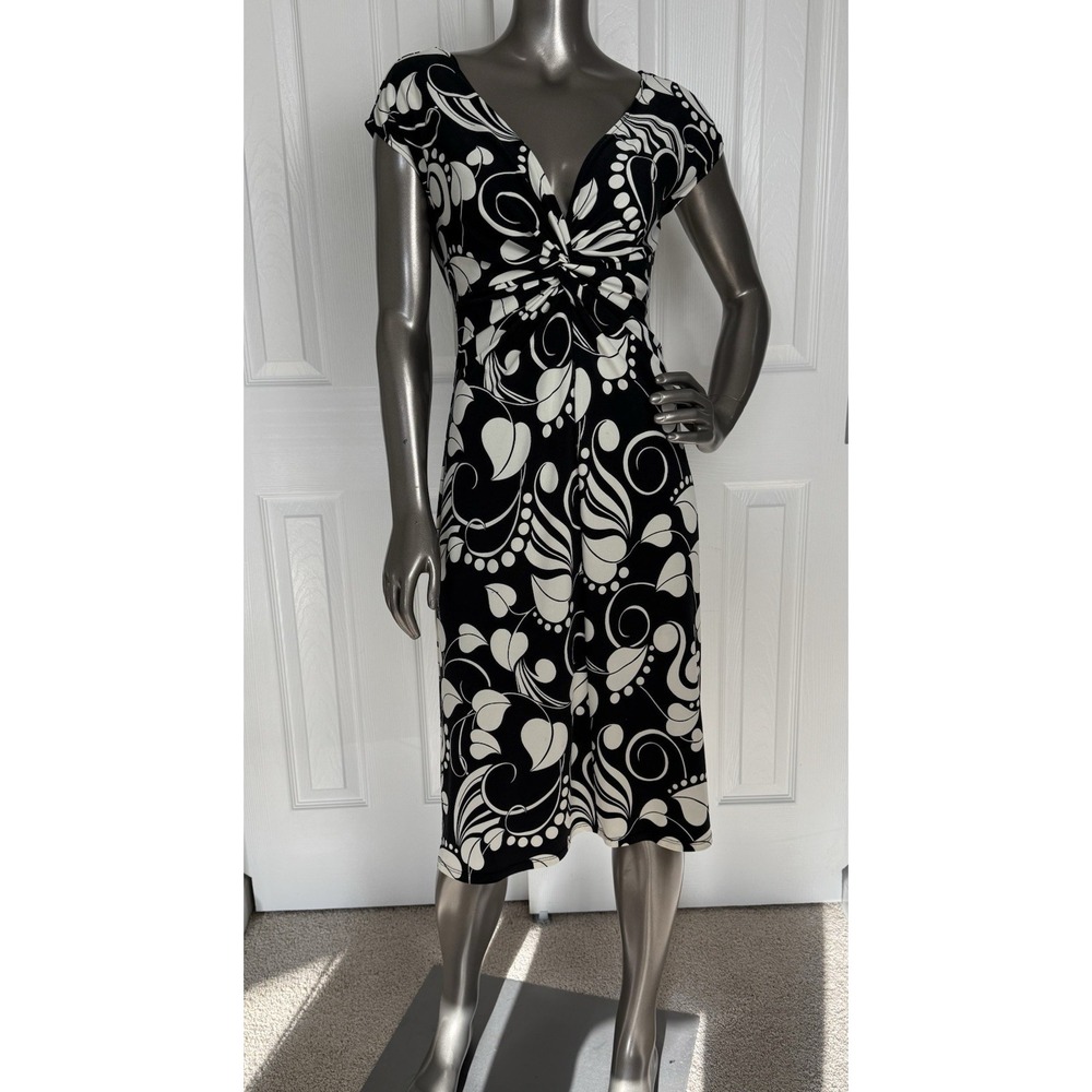 LONDON Тimes‎ midi dress short cap sleeves black / off white curlicues sz. small